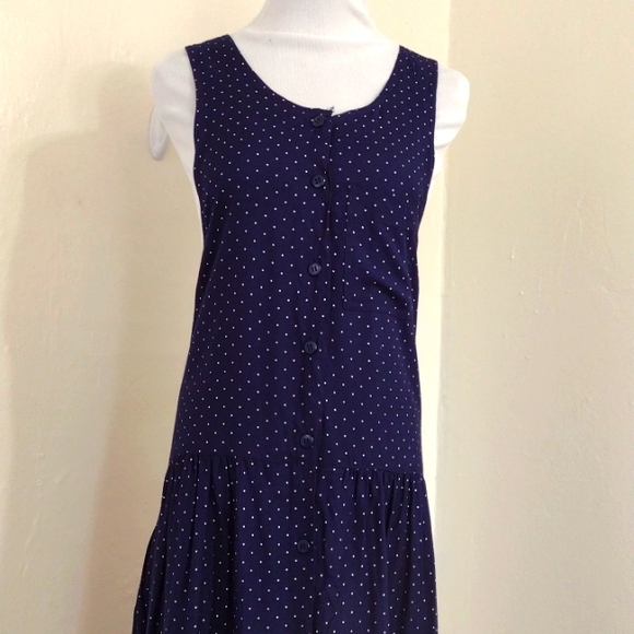 Vintage Anegada's Navy Polka Dot Drop Waist Sleeveless Midi Dress Size L - Picture 4 of 15